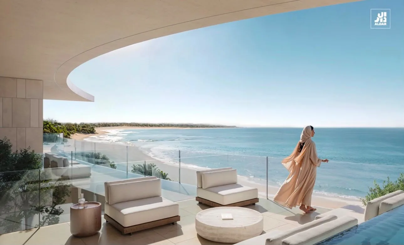 Conceptual sea-facing terrace with curved architecture at Marsa Al Saadiyat