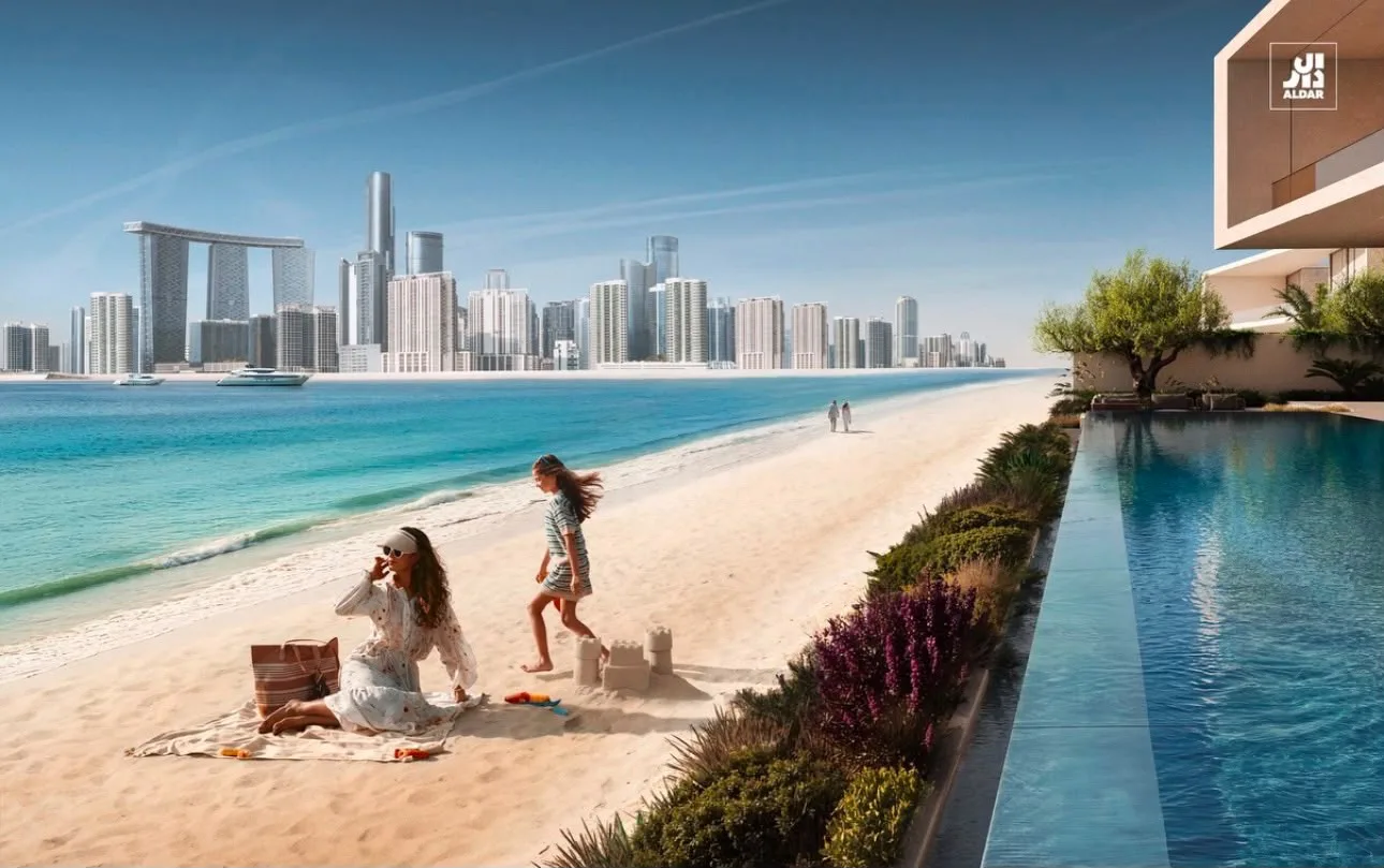 Conceptual beach and pool overlooking the Abu Dhabi skyline