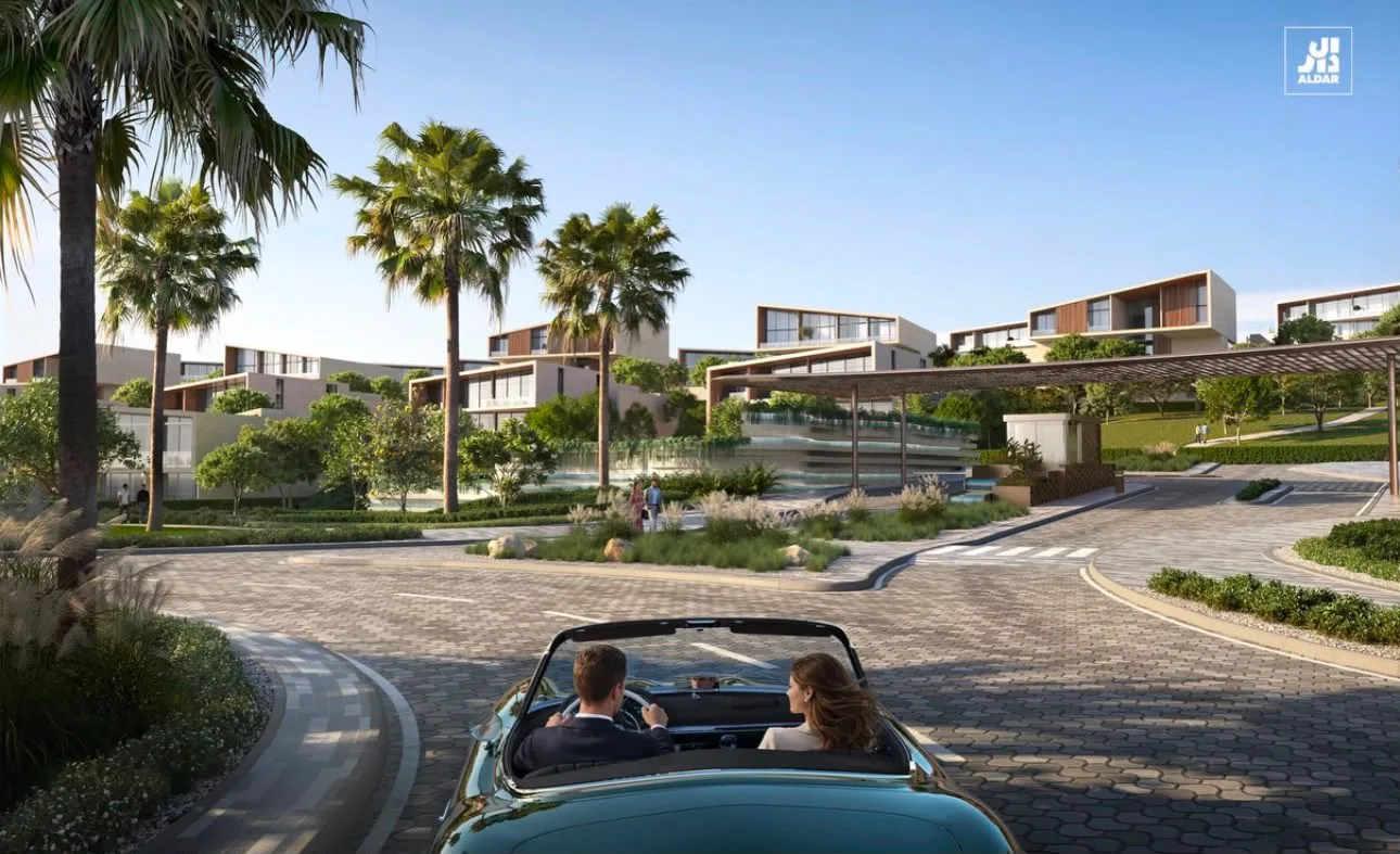 Conceptual villa entrance framed by palms and gardens